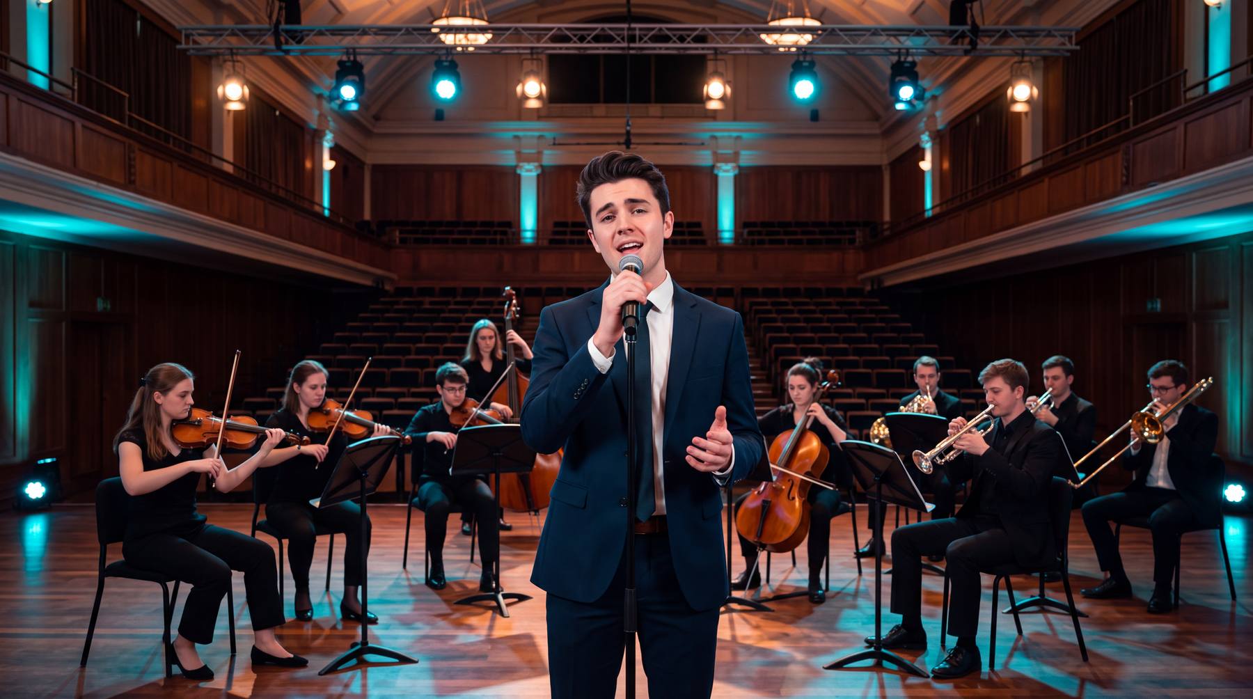 A university orchestra with a young singer front and center