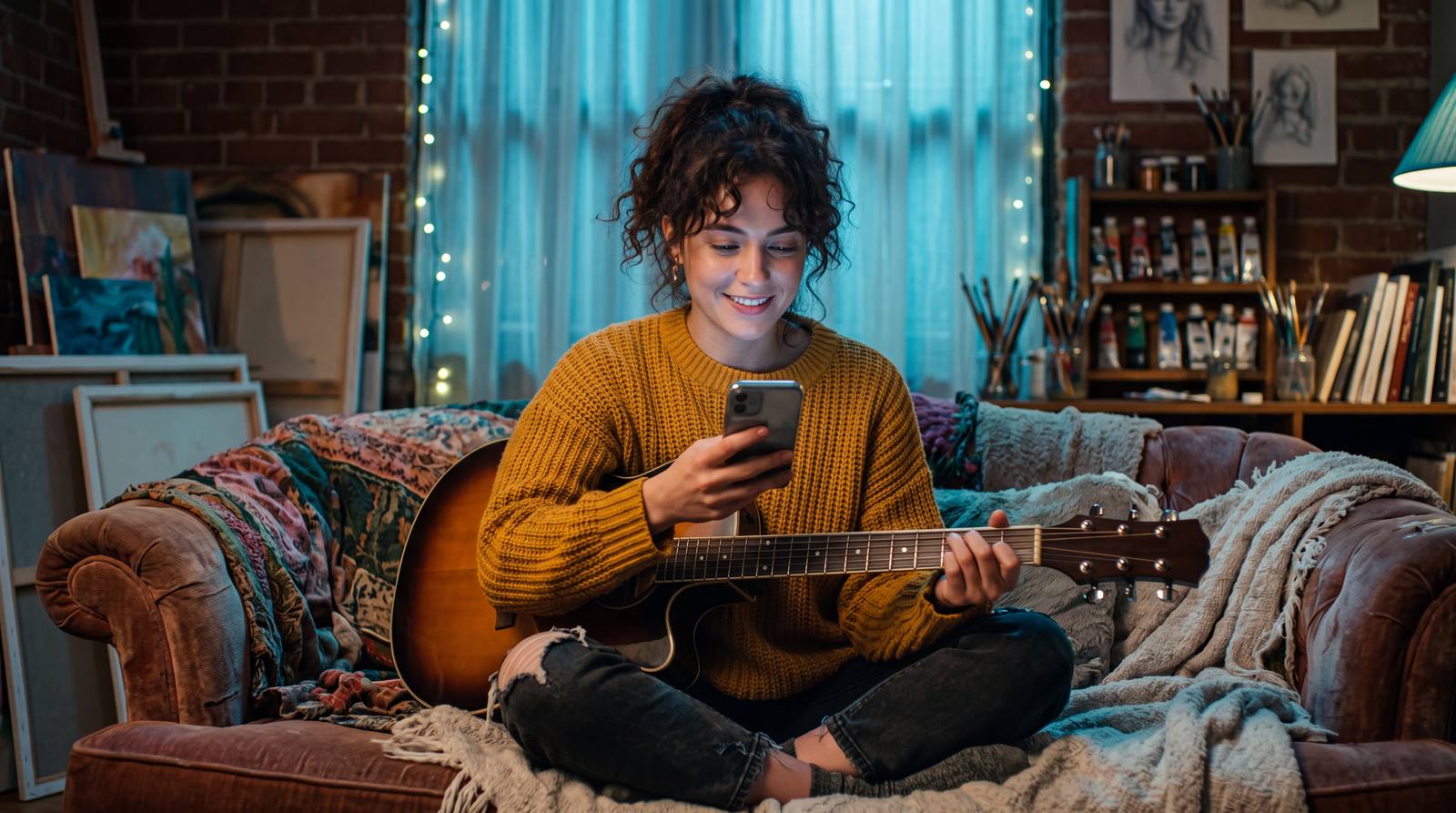 An artist with a guitar checking their phone